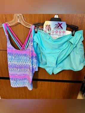 3 Piece Girls Aqua & Pink Patterned Tank Top with Aqua Swim bottom and Shorts